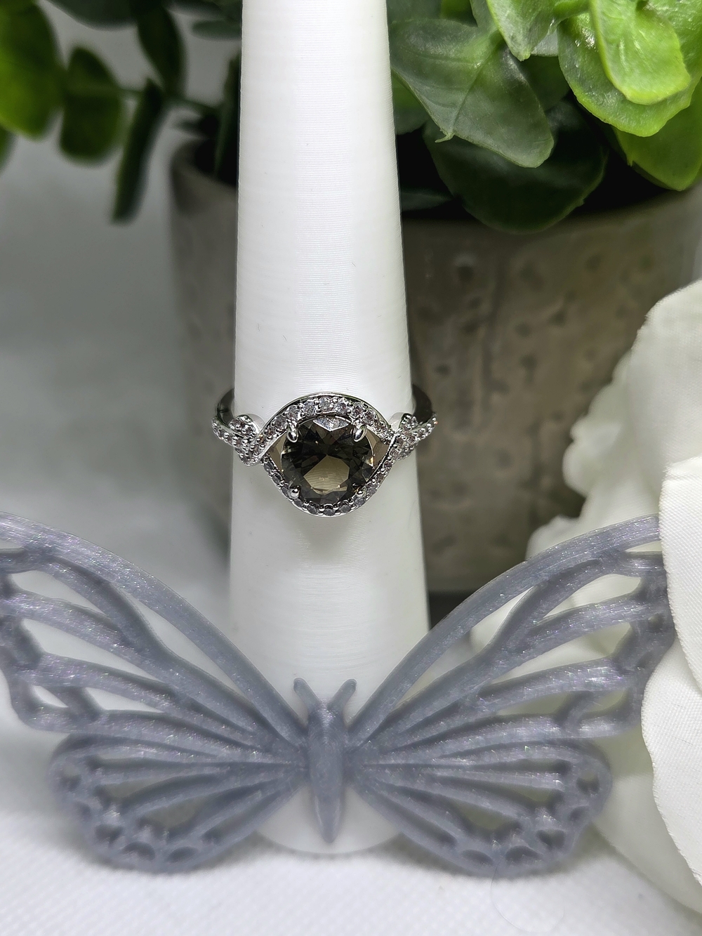 BP Smoky Quartz Halo Ring On Rhodium Plating